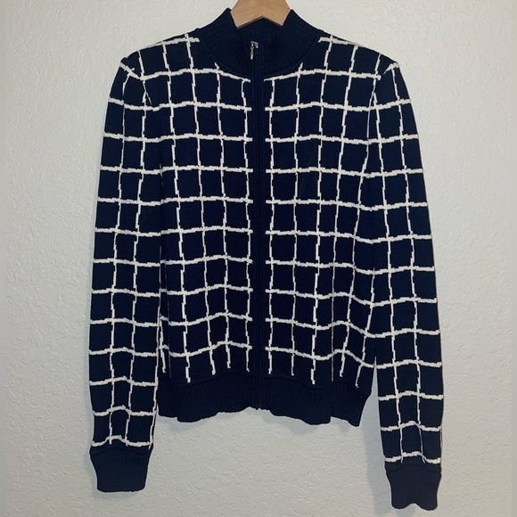 St. John Window Pain Women’s Size 8 Navy Blue White Sweater Jacket Zipper Front - Picture 5 of 8